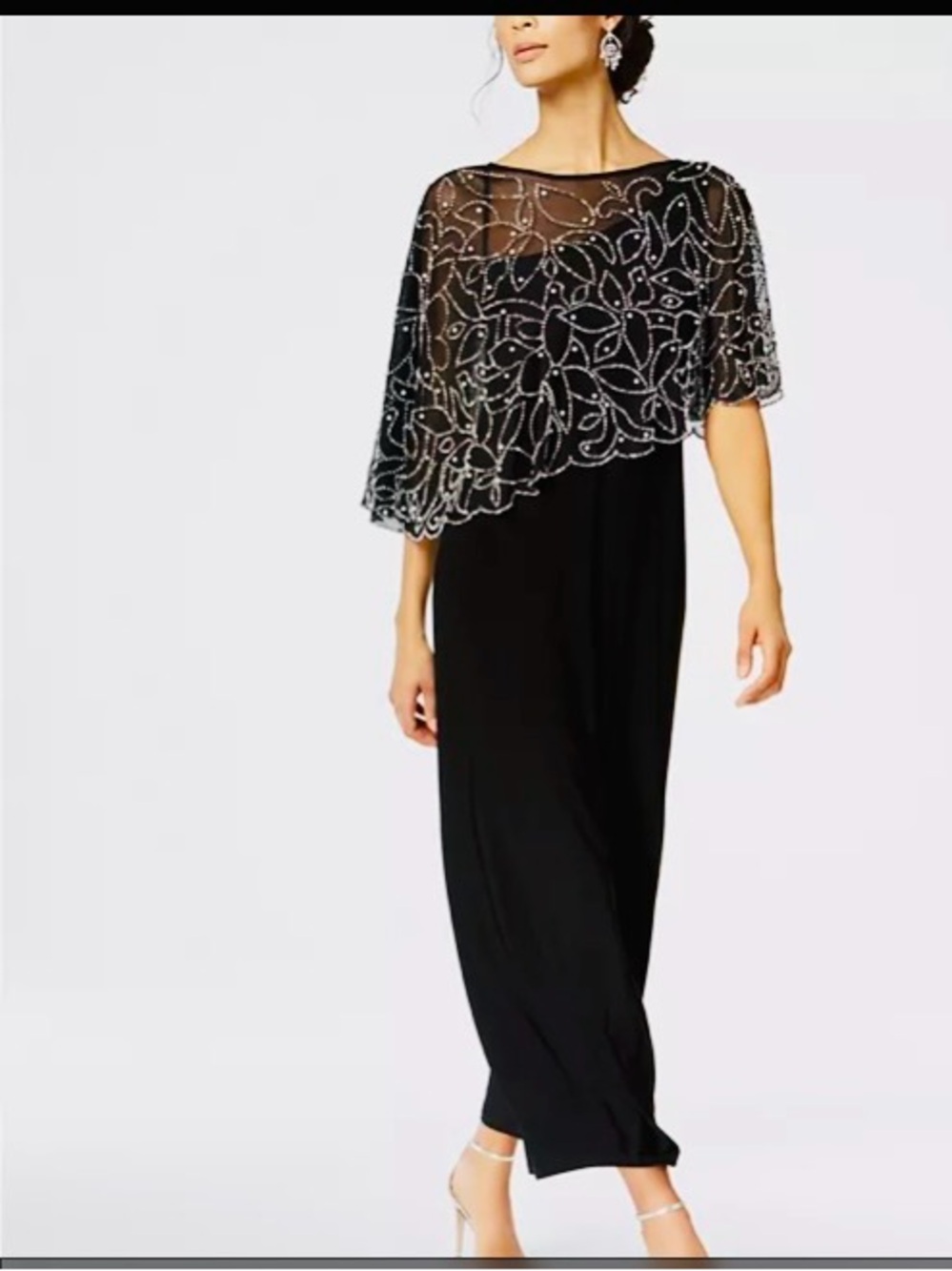 Macy's Black Maxi Dress with Beaded Sheer Cape NWT